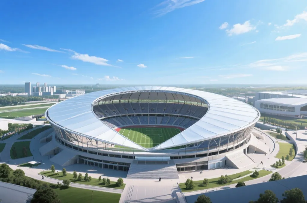 High-angle view of a majestic sports stadium with a futuristic retractable roof