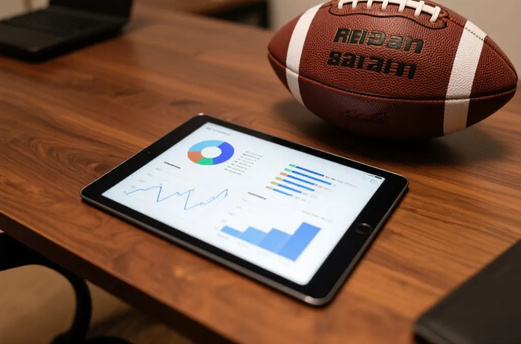A high-tech digital tablet displaying clean statistical charts and graphs on a wooden desk next to a leather football