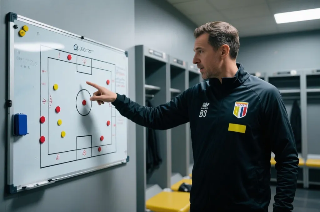A soccer coach pointing at a tactical board in a modern locker room, realistic lighting